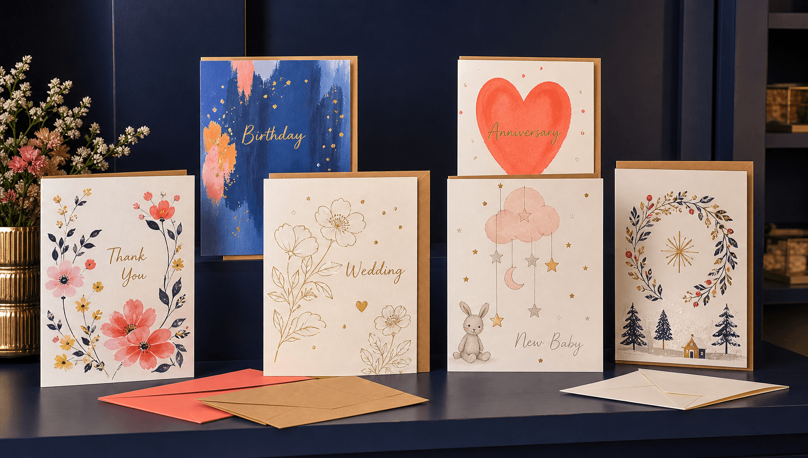 A colourful display of physical greeting cards for birthdays, weddings, anniversaries, new babies and other occasions